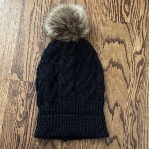 Black Knit Beanie with Faux Fur Pom